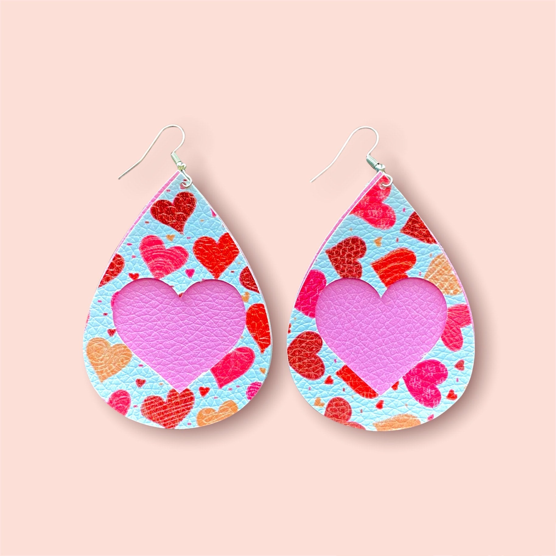 Pink Hearts Tear Drop Valentines Day Faux Leather Earrings
